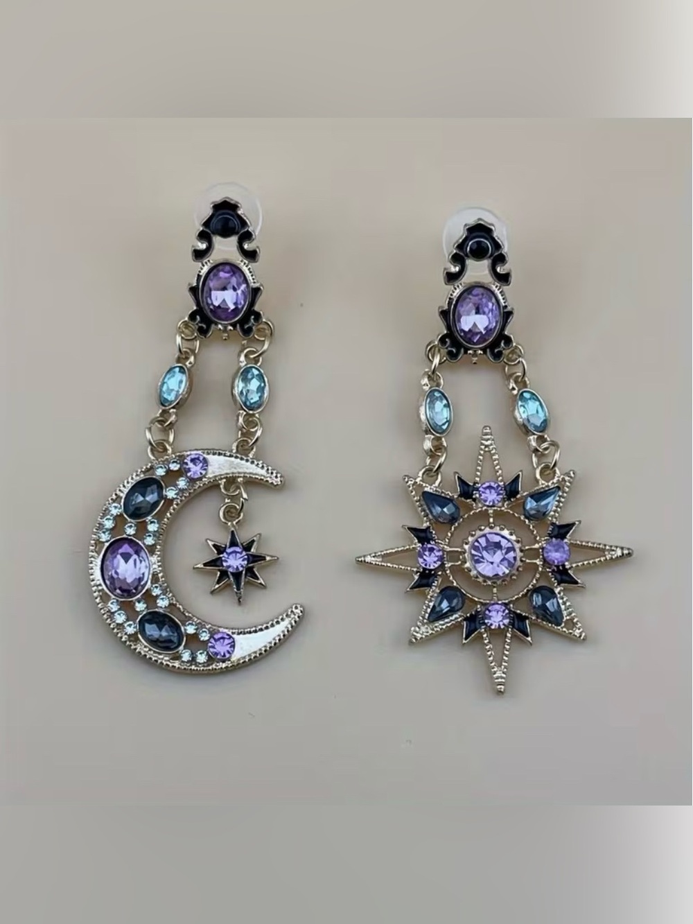 Bohemian Stainless Steel Asymmetrical Sun & Moon Dangle Earrings - Picture 2 of 7